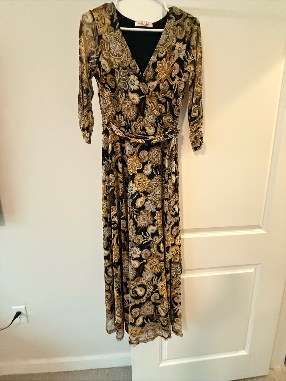 Harlow Black and Gold Paisley Wrap-Style Maxi Dress